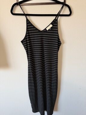 Striped Black V-Neck Midi Slip Dress